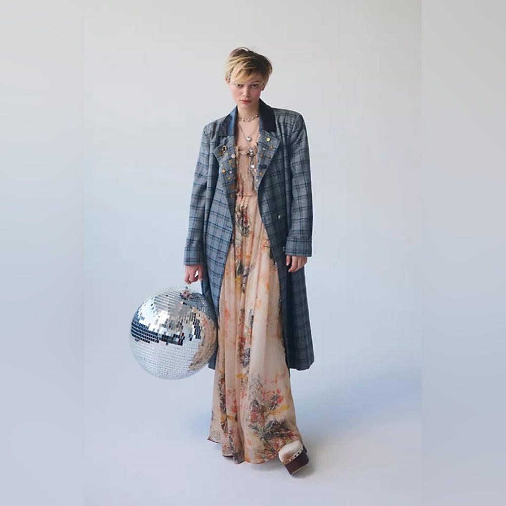 Free People Gray Plaid Long Blazer Coat